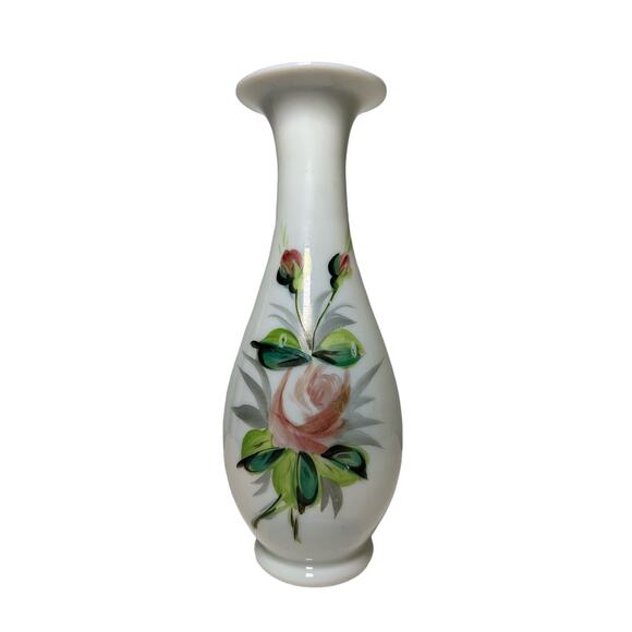 Vintage 40s White Opaline Glass Hand Painted Vase Blown Art Glass Floral - Picture 1 of 12